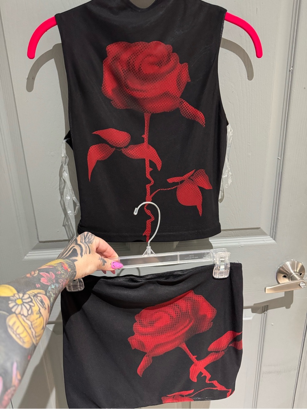 Black Two-Piece Set with Red Rose Print